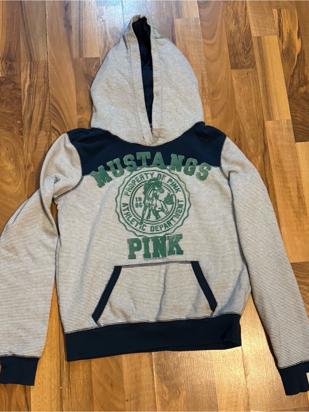PINK Victoria's Secret Hooded Pullover - Cream Stripes & Navy with Green Graphic